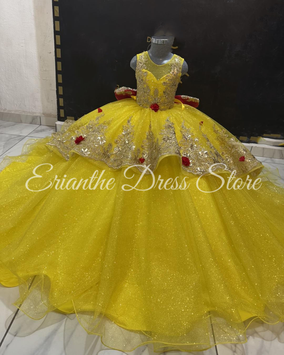 Embroidery Yellow Dress - Gele bloemenmeisjesjurk voor bruiloft Tule gezwollen