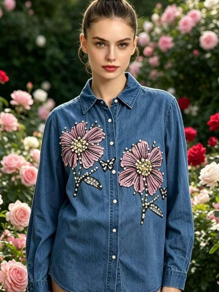 Dames Denim Borduurwerk Blouse - Embroidery Cotton Shirt recensie en prijs