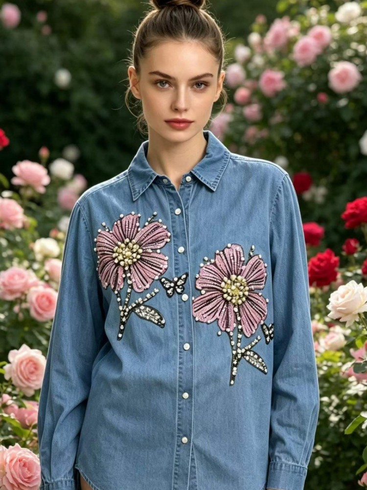 Dames Denim Borduurwerk Blouse - Embroidery Cotton Shirt recensie en prijs
